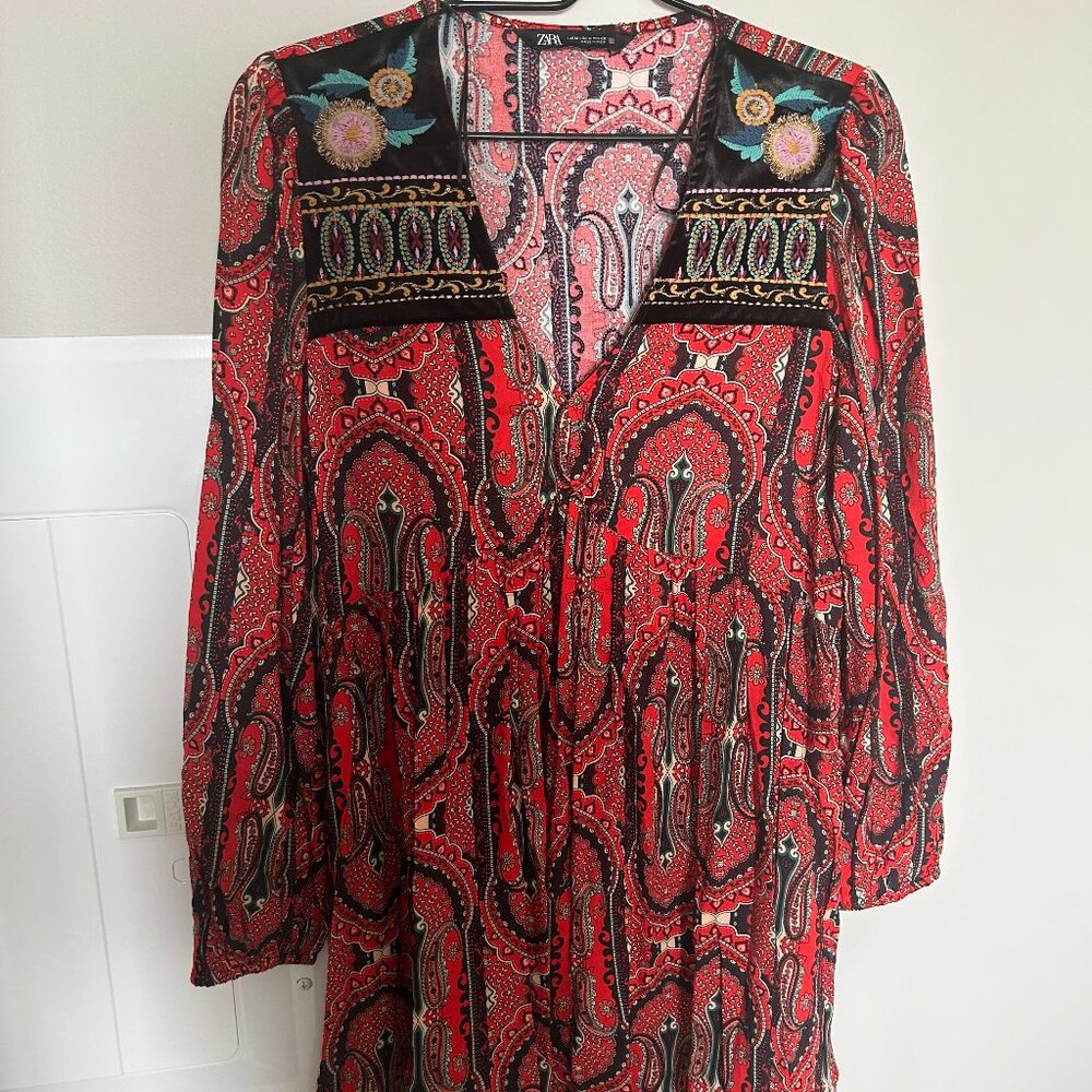 ZARA Red Boho Paisley Mini Shift Dress | Size Medium | Never Worn
